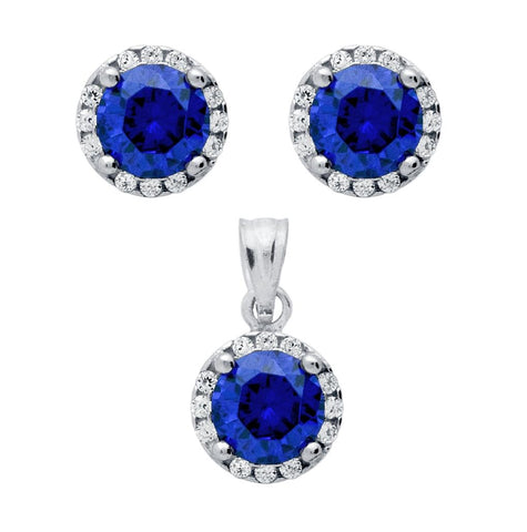 .925 Sterling Silver Rhodium Plated Set: 6.5mm Round Cz Earrings And Pendant With Cz Halo