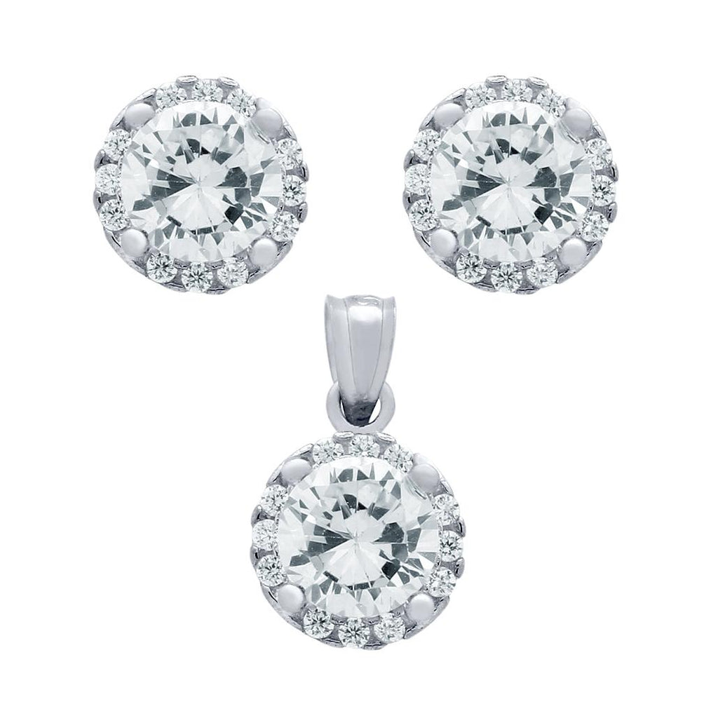 .925 Sterling Silver Rhodium Plated Set: 6.5mm Round Cz Earrings And Pendant With Cz Halo