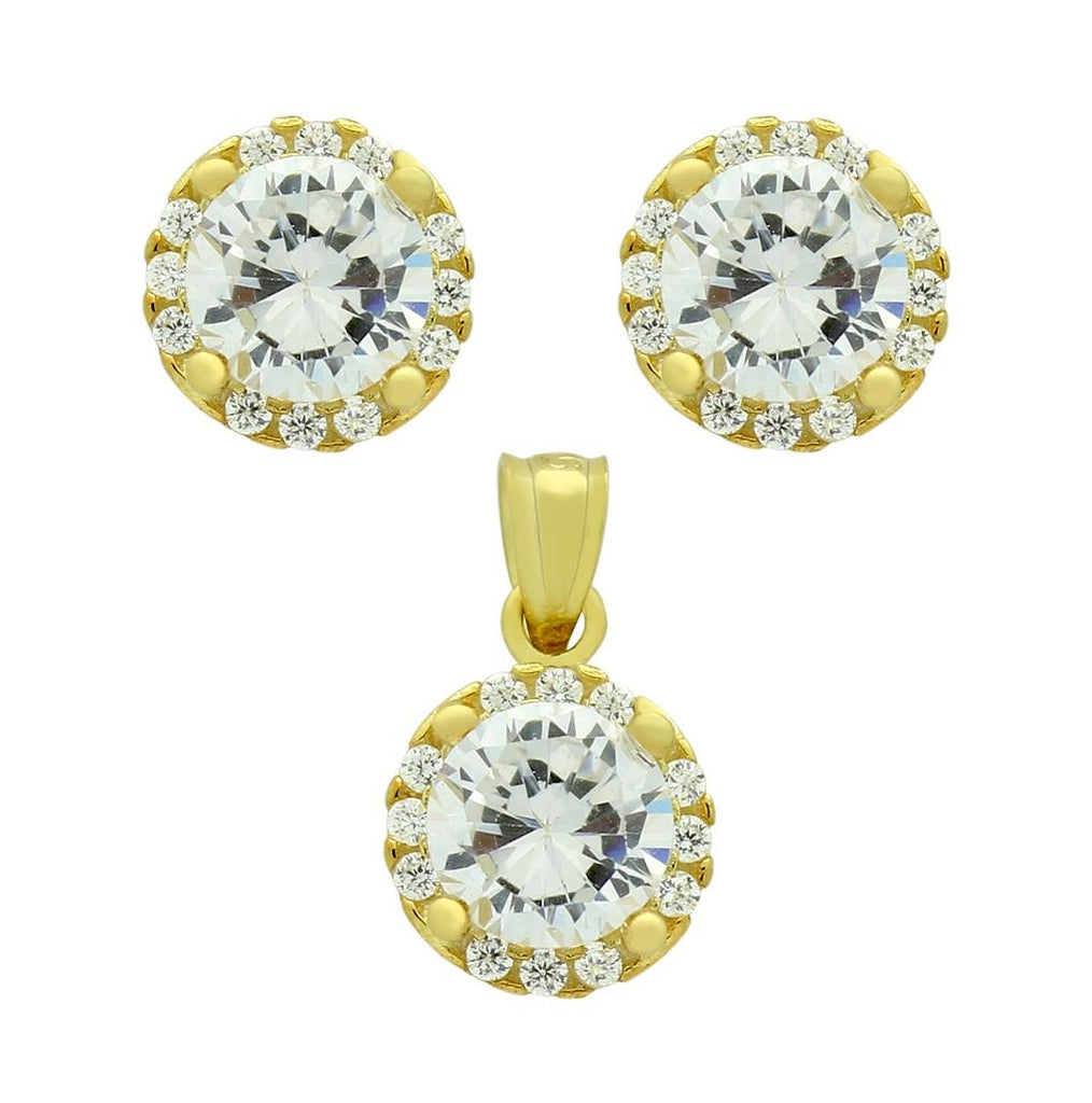 .925 Sterling Silver Gold Plated Set: 6.5mm Round Cz Earrings And Pendant With Cz Halo