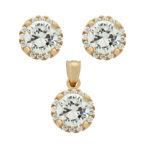 .925 Sterling Silver Rose Gold Plated Set: 6.5mm Round Cz Earrings And Pendant With Cz Halo