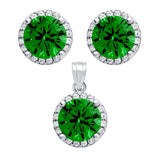 .925 Sterling Silver Rhodium Plated Set: 7.5mm Round Cz Earrings And Pendant With Cz Halo