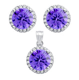 .925 Sterling Silver Rhodium Plated Set: 7.5mm Round Cz Earrings And Pendant With Cz Halo