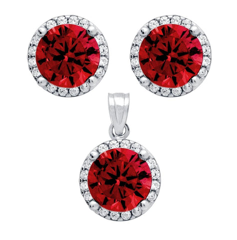 .925 Sterling Silver Rhodium Plated Set: 7.5mm Round Cz Earrings And Pendant With Cz Halo