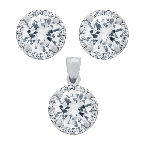 .925 Sterling Silver Rhodium Plated Set: 7.5mm Round Cz Earrings And Pendant With Cz Halo