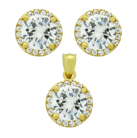 .925 Sterling Silver Gold Plated Set: 7.5mm Round Cz Earrings And Pendant With Cz Halo