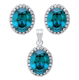 .925 Sterling Silver Rhodium Plated Set: 8x10mm Oval Cz Earrings And Pendant With Cz Halo