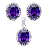 .925 Sterling Silver Rhodium Plated Set: 8x10mm Oval Cz Earrings And Pendant With Cz Halo