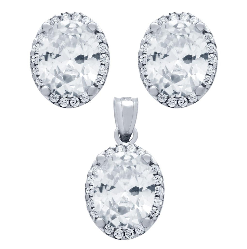 .925 Sterling Silver Rhodium Plated Set: 8x10mm Oval Cz Earrings And Pendant With Cz Halo