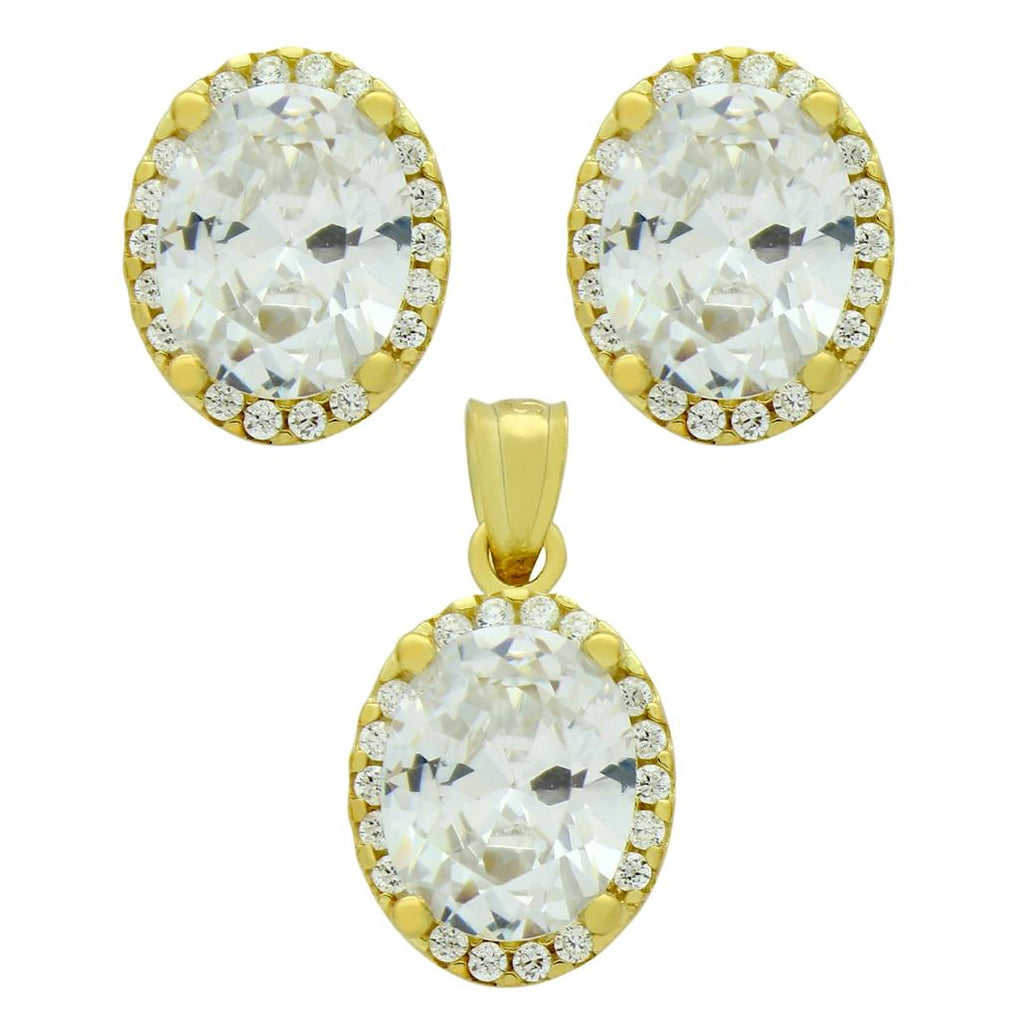 .925 Sterling Silver Gold Plated Set: 8x10mm Oval Cz Earrings And Pendant With Cz Halo