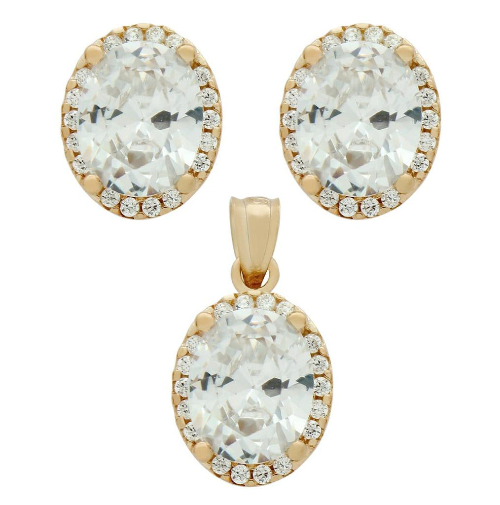 .925 Sterling Silver Rose Gold Plated Set: 8x10mm Oval Cz Earrings And Pendant With Cz Halo