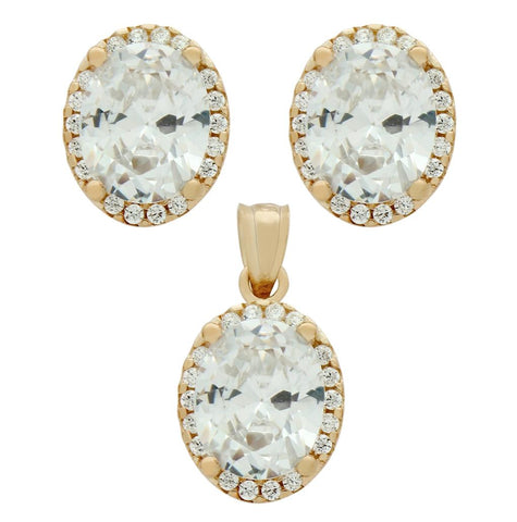 .925 Sterling Silver Rose Gold Plated Set: 8x10mm Oval Cz Earrings And Pendant With Cz Halo