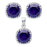 .925 Sterling Silver Rhodium Plated Set: 9mm Round Cz In Square Design Earrings And Pendant With Cz Halo