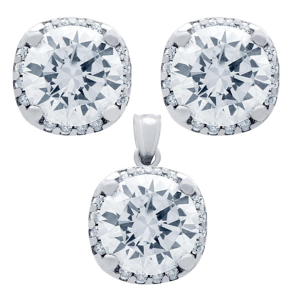 .925 Sterling Silver Rhodium Plated Set: 9mm Round Cz In Square Design Earrings And Pendant With Cz Halo