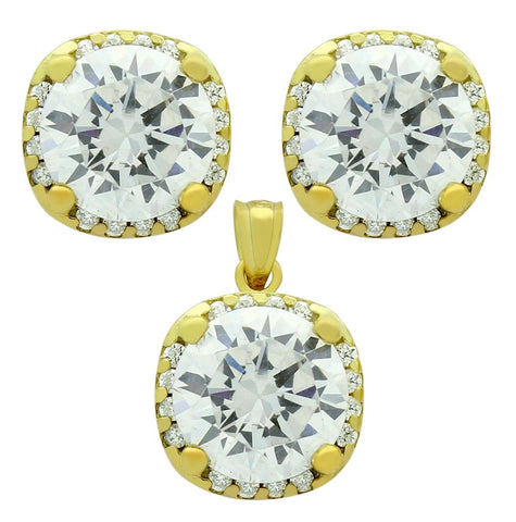 .925 Sterling Silver Gold Plated Set: 9mm Round Cz In Square Design Earrings And Pendant With Cz Halo