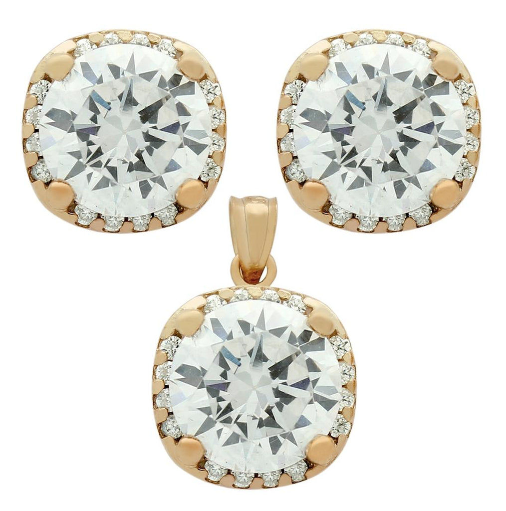 .925 Sterling Silver Rose Gold Plated Set: 9mm Round Cz In Square Design Earrings And Pendant With Cz Halo