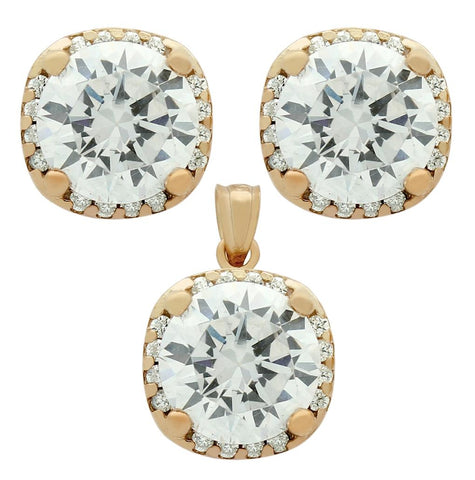 .925 Sterling Silver Rose Gold Plated Set: 9mm Round Cz In Square Design Earrings And Pendant With Cz Halo