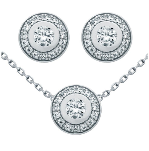 .925 Sterling Silver Rhodium Plated Set: Elegant Round Cz Earrings And 18" Necklace