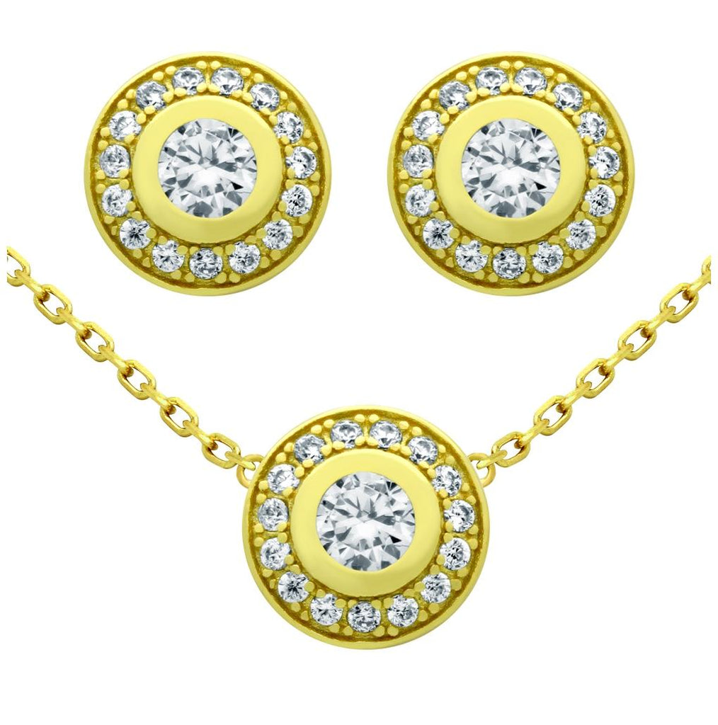 .925 Sterling Silver Gold Plated Set: Elegant Round Cz Earrings And 18" Necklace