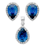 .925 Sterling Silver Rhodium Plated Set: 7x10mm Pear Shape Cz Earrings And Pendant With Cz Halo