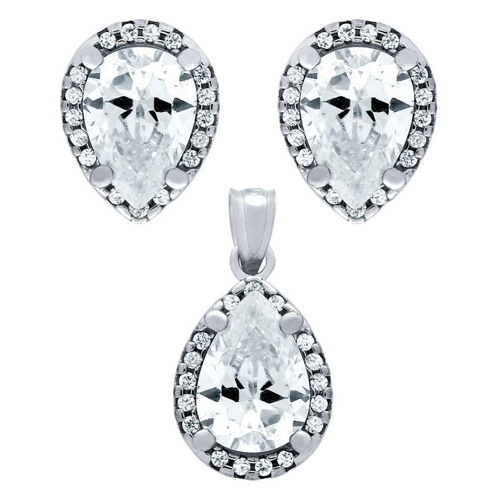 .925 Sterling Silver Rhodium Plated Set: 7x10mm Pear Shape Cz Earrings And Pendant With Cz Halo