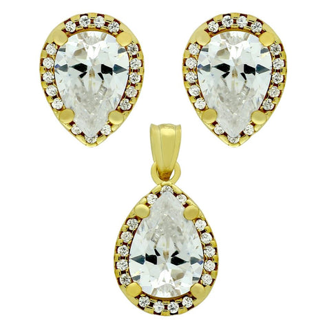 .925 Sterling Silver Gold Plated Set: 7x10mm Pear Shape Cz Earrings And Pendant With Cz Halo