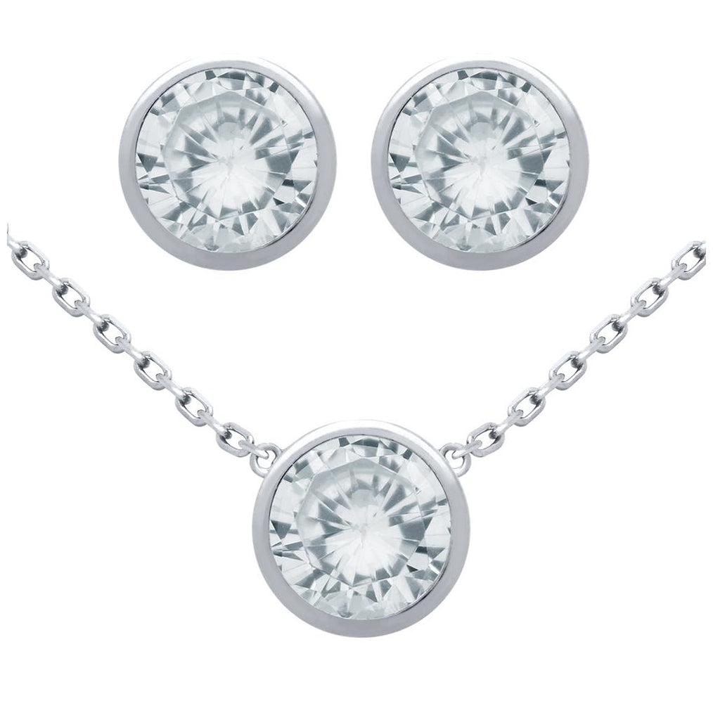 .925 Sterling Silver Rhodium Plated Set: 7.5mm Round Bezel Set Cz Earrings And 16+2" Necklace