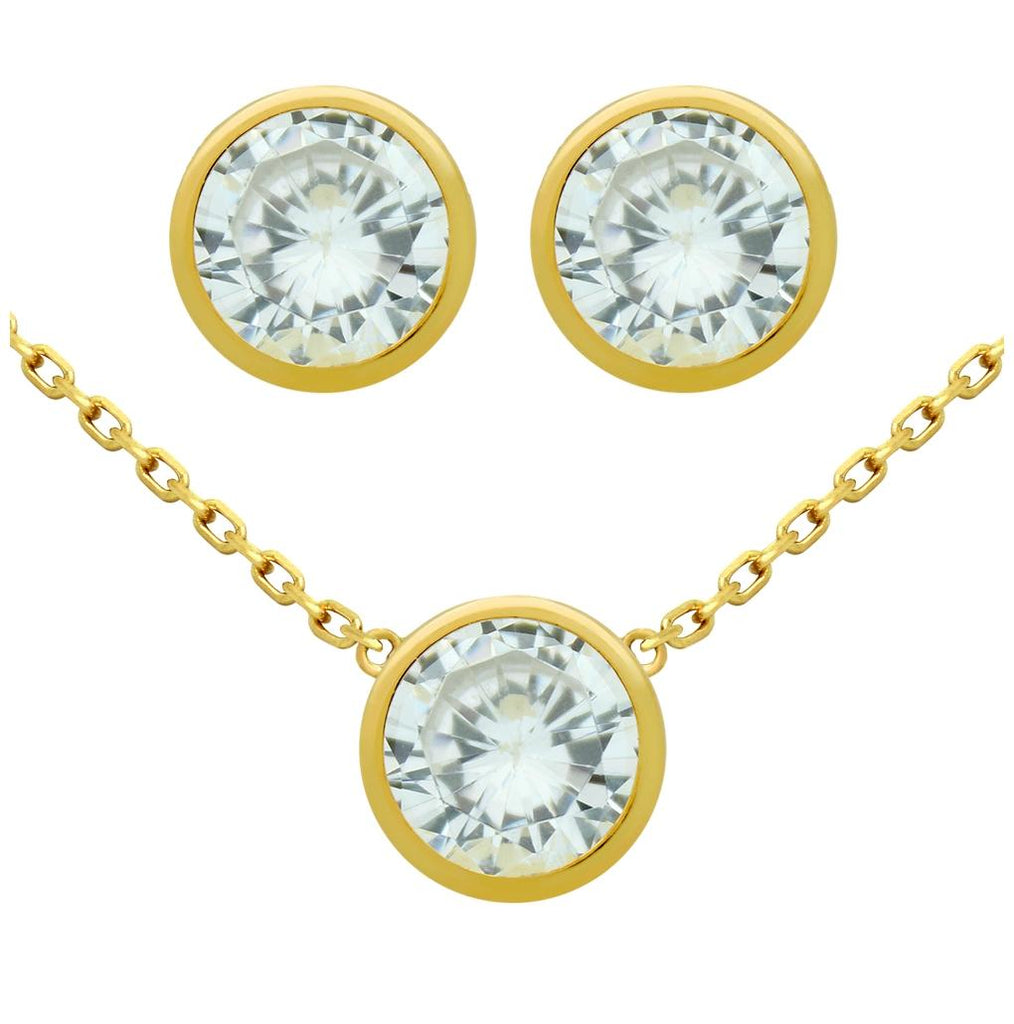 .925 Sterling Silver Gold Plated Set: 7.5mm Round Bezel Set Cz Earrings And 16+2" Necklace