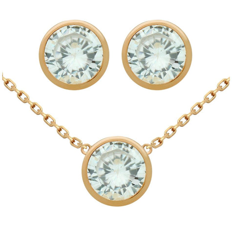 .925 Sterling Silver Rose Gold Plated Set: 7.5mm Round Bezel Set Cz Earrings And 16+2" Necklace