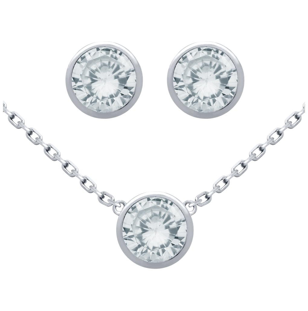 .925 Sterling Silver Rhodium Plated Set: 6.5mm Round Bezel Set Cz Earrings And 16+2" Necklace