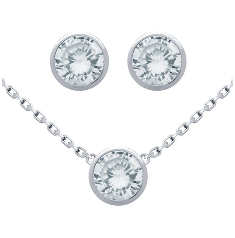 .925 Sterling Silver Rhodium Plated Set: 6.5mm Round Bezel Set Cz Earrings And 16+2" Necklace