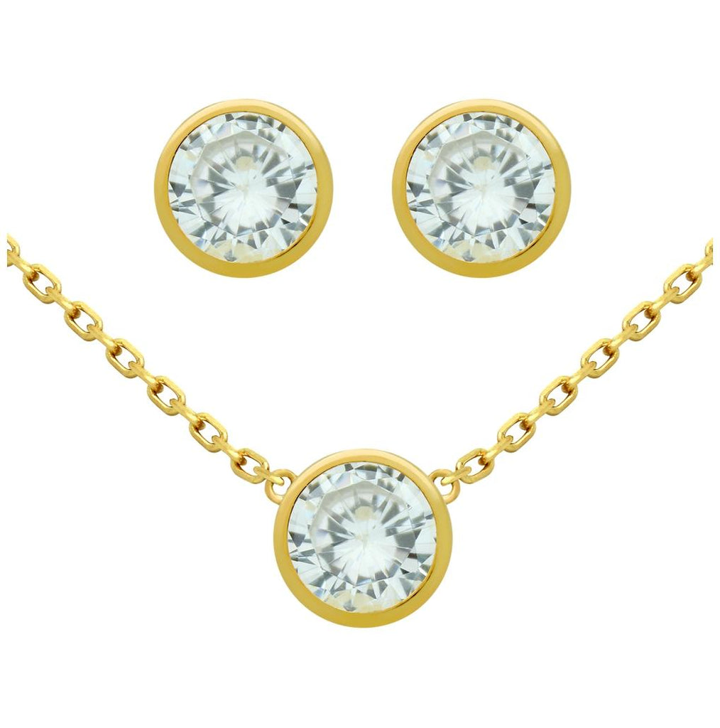 .925 Sterling Silver Gold Plated Set: 6.5mm Round Bezel Set Cz Earrings And 16+2" Necklace