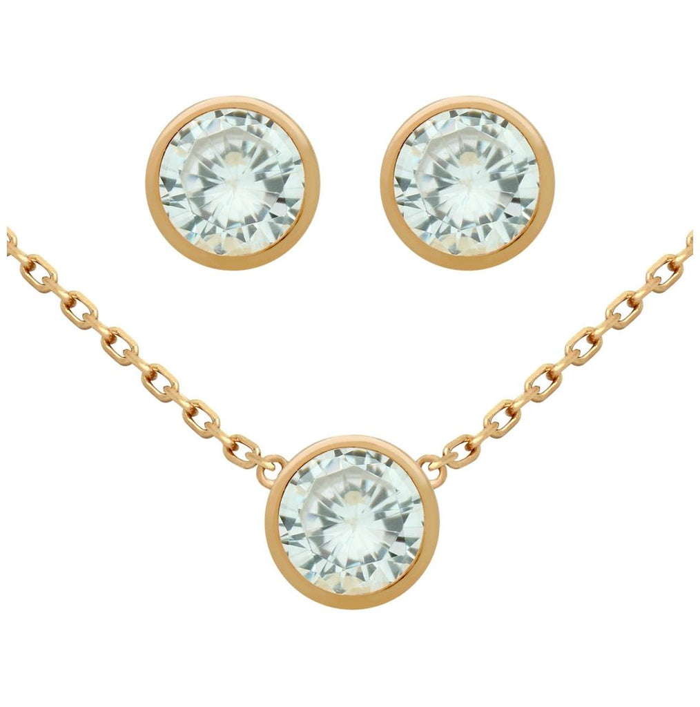 .925 Sterling Silver Rose Gold Plated Set: 6.5mm Round Bezel Set Cz Earrings And 16+2" Necklace