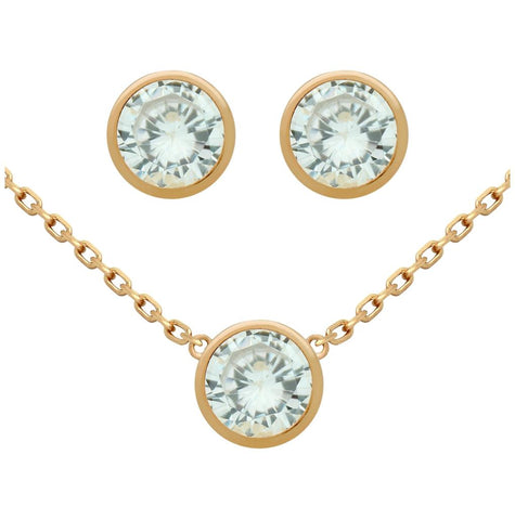 .925 Sterling Silver Rose Gold Plated Set: 6.5mm Round Bezel Set Cz Earrings And 16+2" Necklace