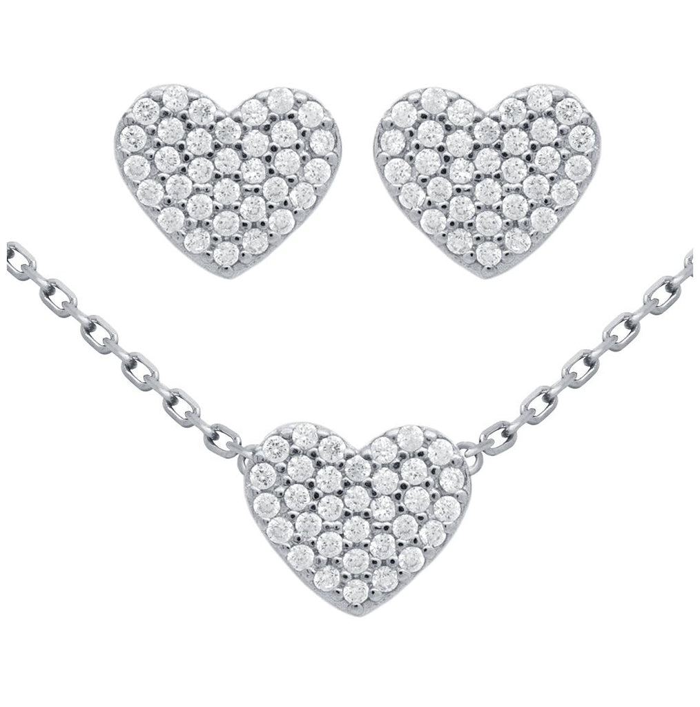 .925 Sterling Silver Rhodium Plated Set: Heart Shaped Cz Pave Earrings And 16+2" Necklace