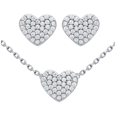 .925 Sterling Silver Rhodium Plated Set: Heart Shaped Cz Pave Earrings And 16+2" Necklace