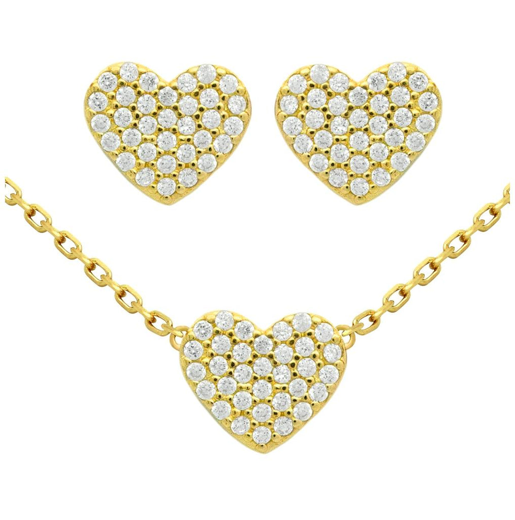 .925 Sterling Silver Gold Plated Set: Heart Shaped Cz Pave Earrings And 16+2" Necklace