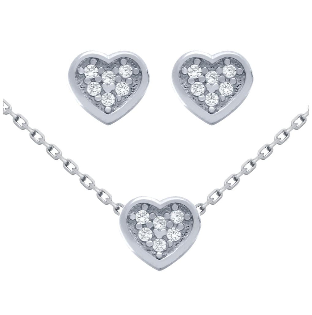 .925 Sterling Silver Rhodium Plated Set: Heart Shaped Cz Cluster Earrings And 16+2" Necklace