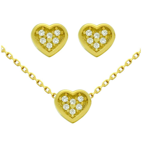 .925 Sterling Silver Gold Plated Set: Heart Shaped Cz Cluster Earrings And 16+2" Necklace