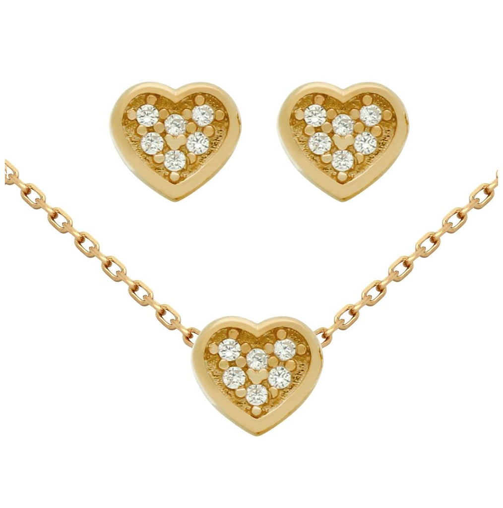 .925 Sterling Silver Rose Gold Plated Set: Heart Shaped Cz Cluster Earrings And 16+2" Necklace