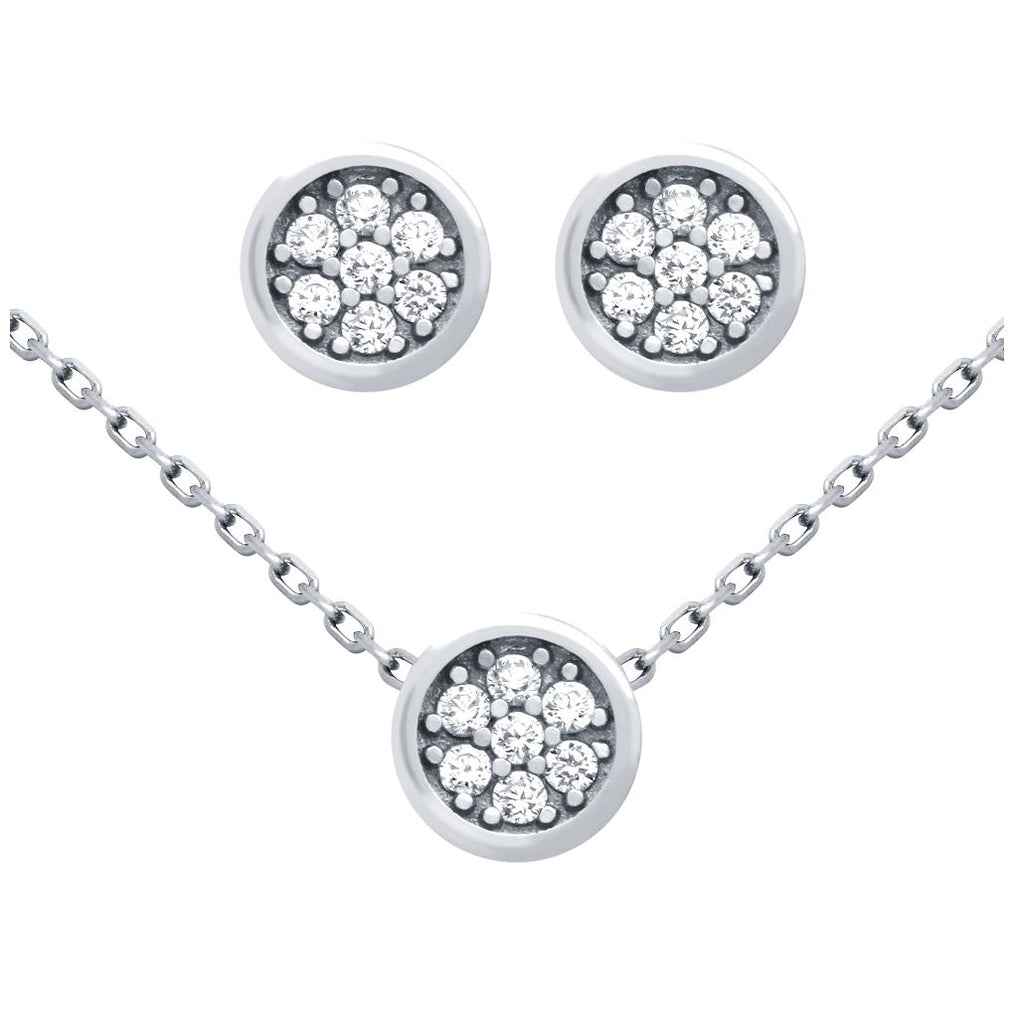 .925 Sterling Silver Rhodium Plated Set: Round Cz Cluster Earrings And 16+2" Necklace