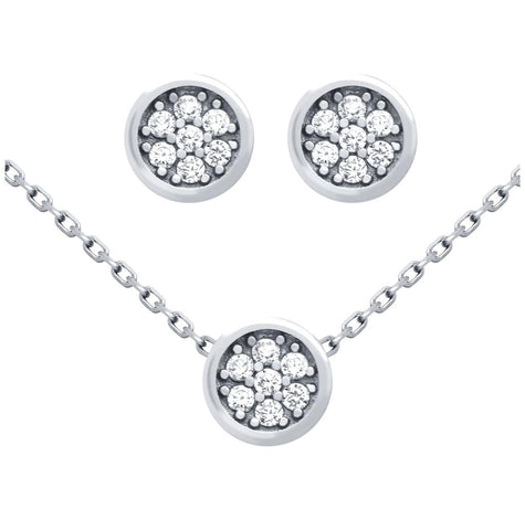 .925 Sterling Silver Rhodium Plated Set: Round Cz Cluster Earrings And 16+2" Necklace