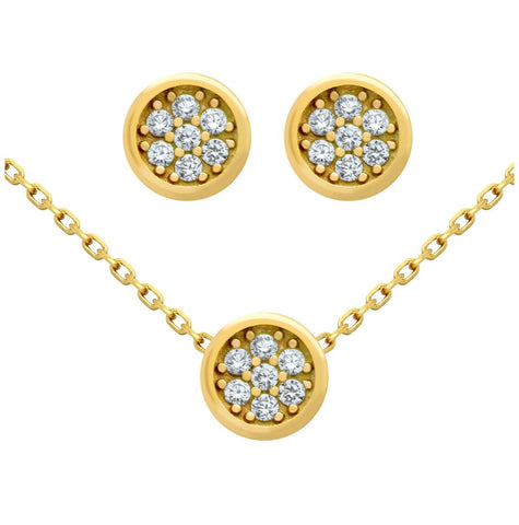 .925 Sterling Silver Gold Plated Set: Round Cz Cluster Earrings And 16+2" Necklace