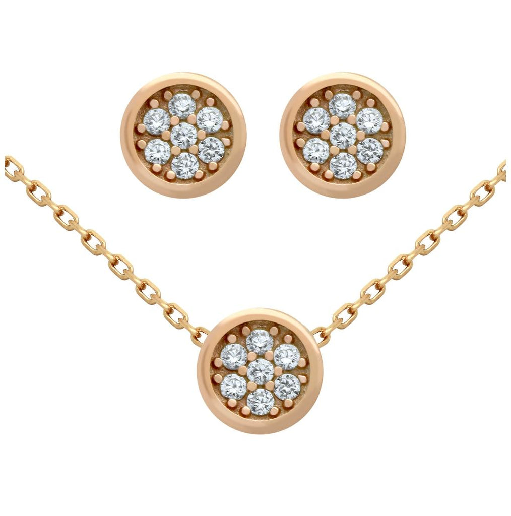 .925 Sterling Silver Rose Gold Plated Set: Round Cz Cluster Earrings And 16+2" Necklace