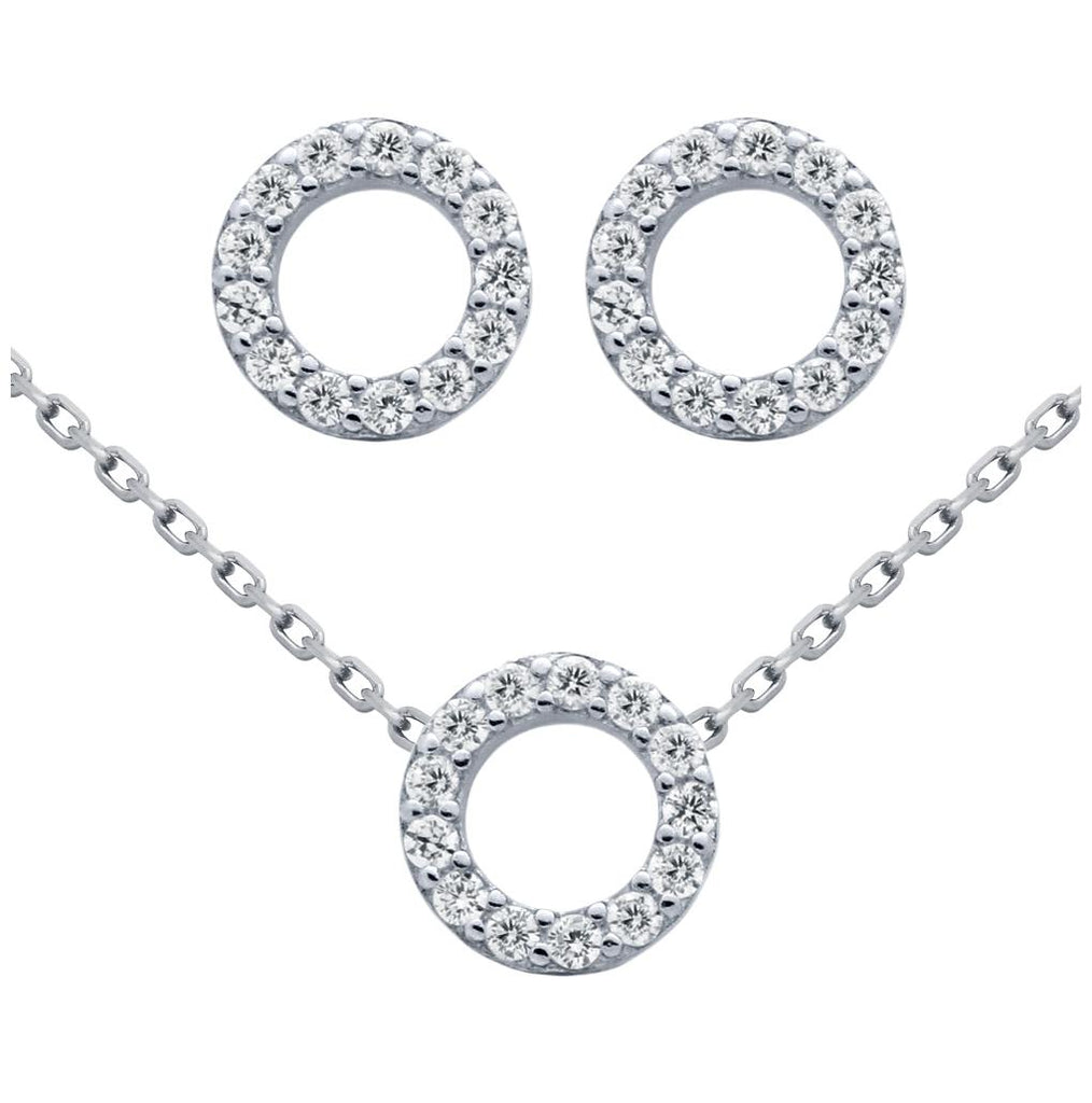 .925 Sterling Silver Rhodium Plated Set: 7.5mm Ring Shaped Cz Pave Earrings And 16+2" Necklace