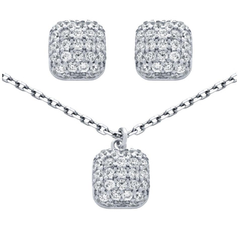 .925 Sterling Silver Rhodium Plated Set: Cushion-shape Cz Pave Post Earrings And 16+2" Necklace