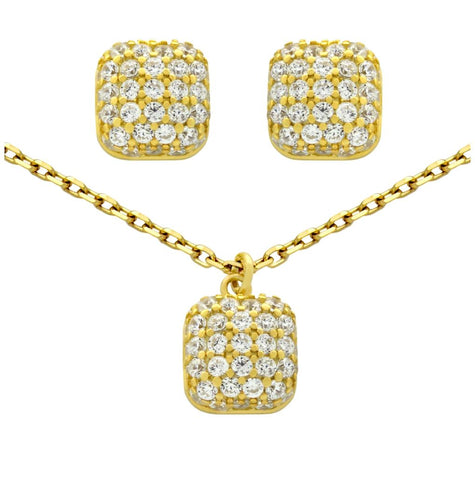 .925 Sterling Silver Gold Plated Set: Cushion-shape Cz Pave Post Earrings And 16+2" Necklace