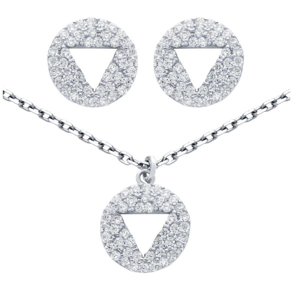 .925 Sterling Silver Rhodium Plated Set: Cutout Triangle On Cz Disk Stud Earrings And 16+2" Necklace