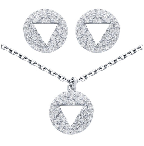 .925 Sterling Silver Rhodium Plated Set: Cutout Triangle On Cz Disk Stud Earrings And 16+2" Necklace