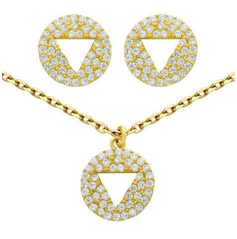 .925 Sterling Silver Gold Plated Set: Cutout Triangle On Cz Disk Stud Earrings And 16+2" Necklace