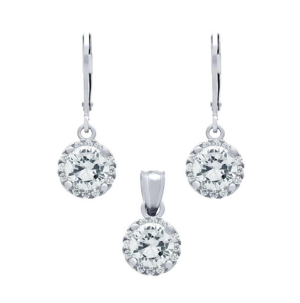 .925 Sterling Silver Rhodium Plated Set: 6.5mm Round Cz Earrings And Pendant With Cz Halo